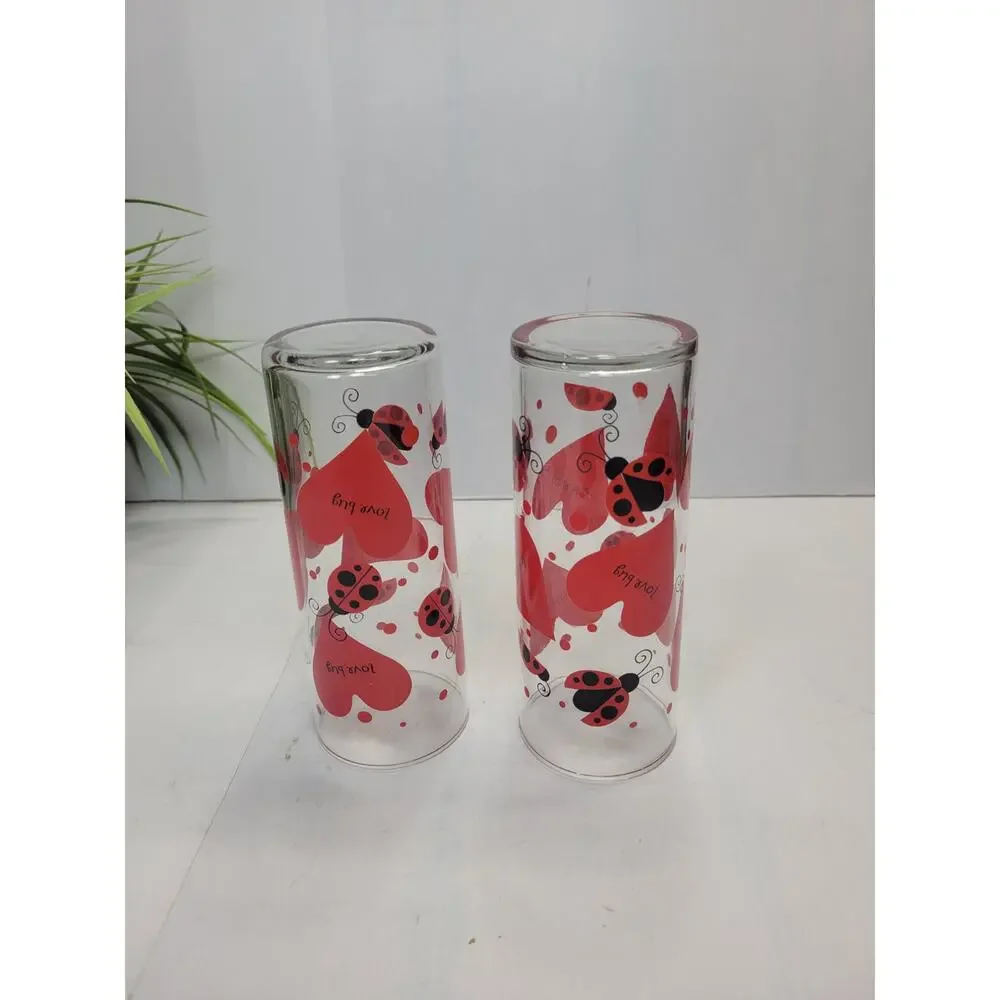 2 Vintage Anchor Hocking Love Bug Glasses Red Hearts Ladybug Tumbler Valentine